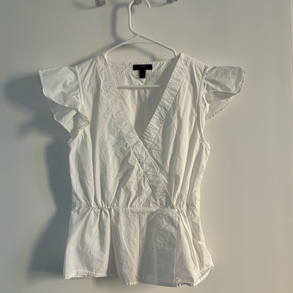 J. Crew White Flutter Sleeve Wrap Blouse